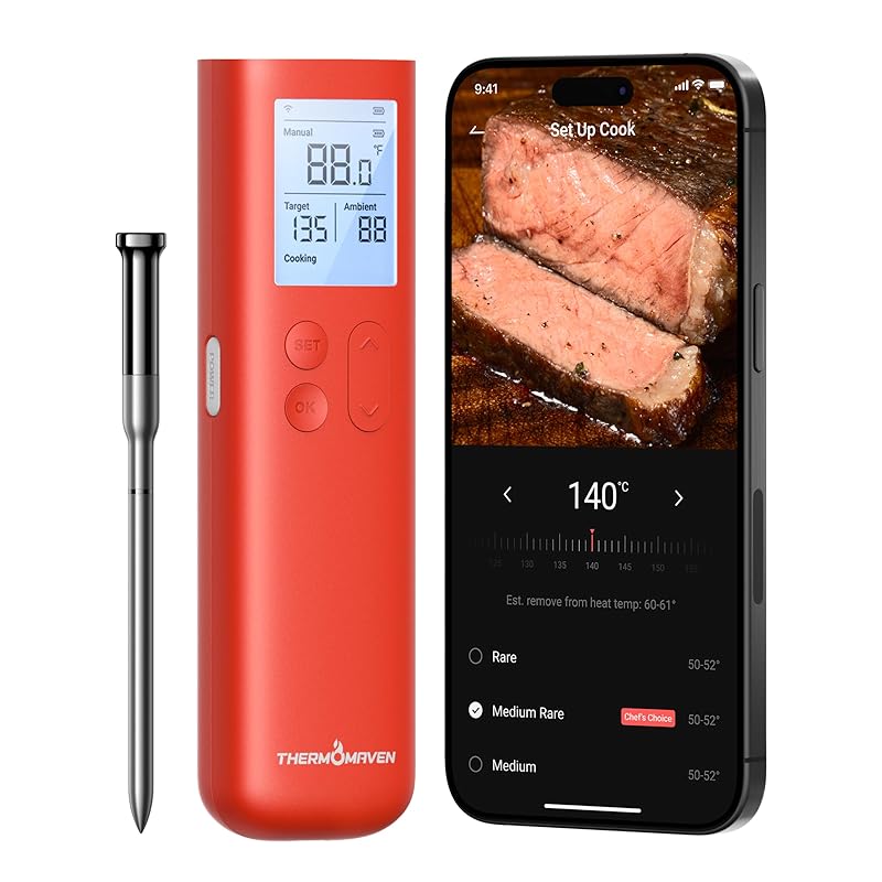 ThermoMaven Smart Bluetooth Wireless Meat Thermometer, 10X Enhanced Sub-1G Signal and Stability, Standalone Display Base, Certified Accuracy