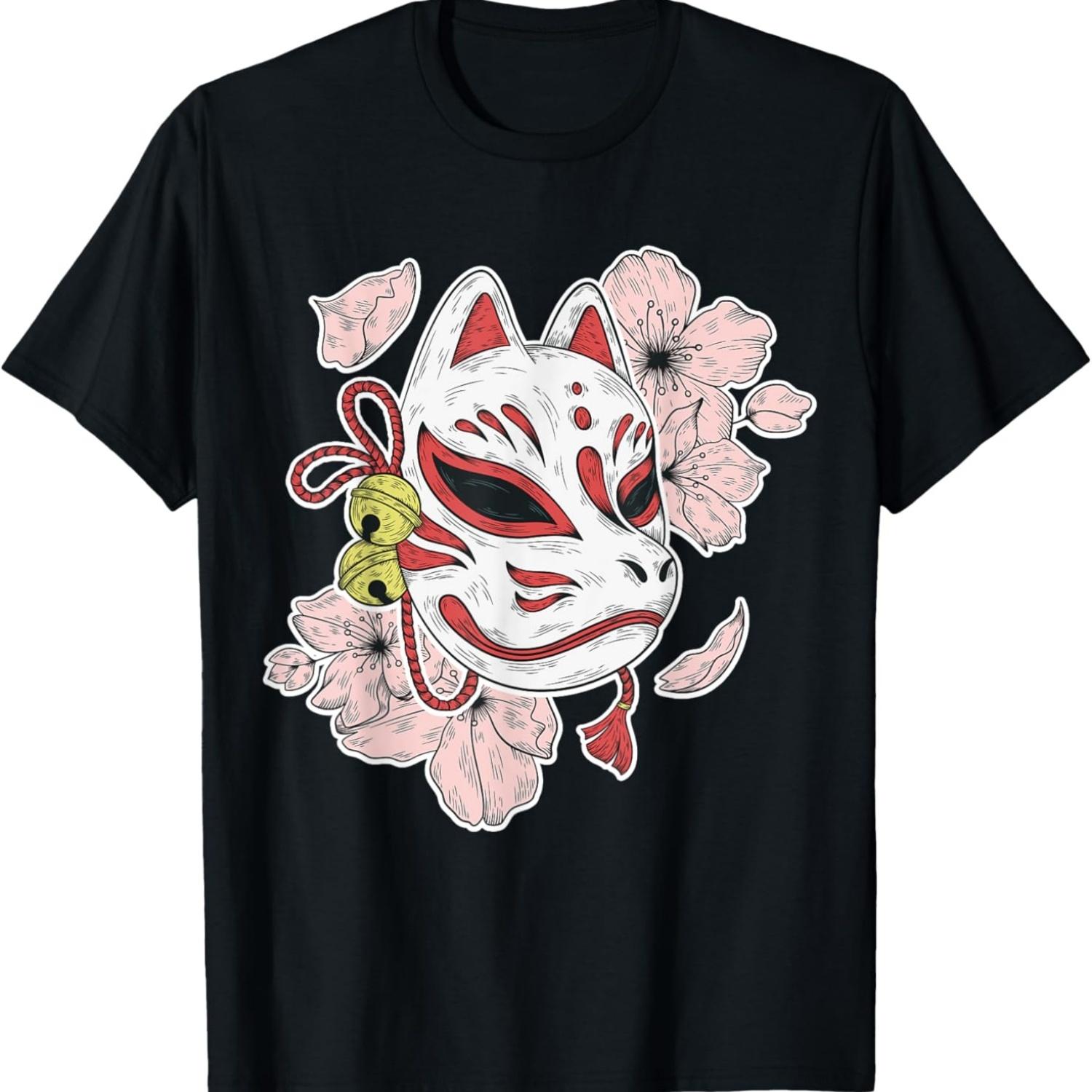 Kitsune Nine Tailed Fox Sakura Cherry Blossom Flowers T-Shirt S чёрный