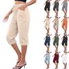 Women's Cotton And Linen Pocket Elastic Casual Pants Five Quarter Pants