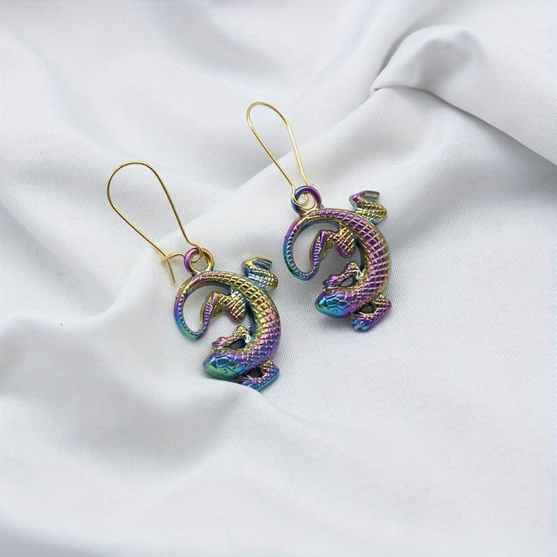 Colorful Pentagram Pattern Lizard And Wing Dangle Earrings Goth Punk Style Alloy Jewelry Creative Female Gift Perfect For Causal Decor