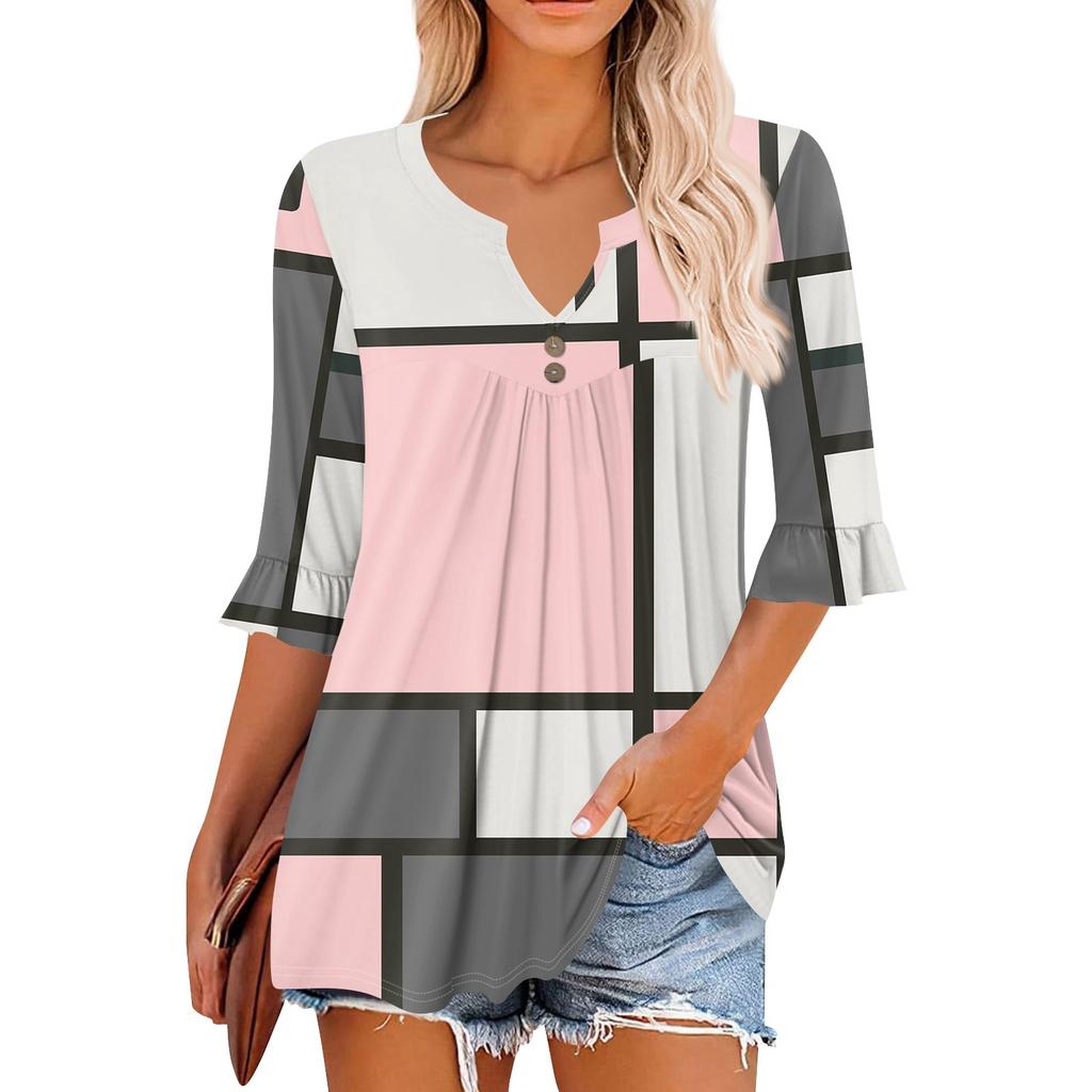 3/4-Ärmel Oberteile für Damen Lässige Rüschen V-Ausschnitt T-Shirts Arbeitsblusen Elegante Tunika-Oberteile