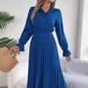 Spring Summer Women Long Sleeve Solid Pleated High Waist A Line V-Neck Long Dress