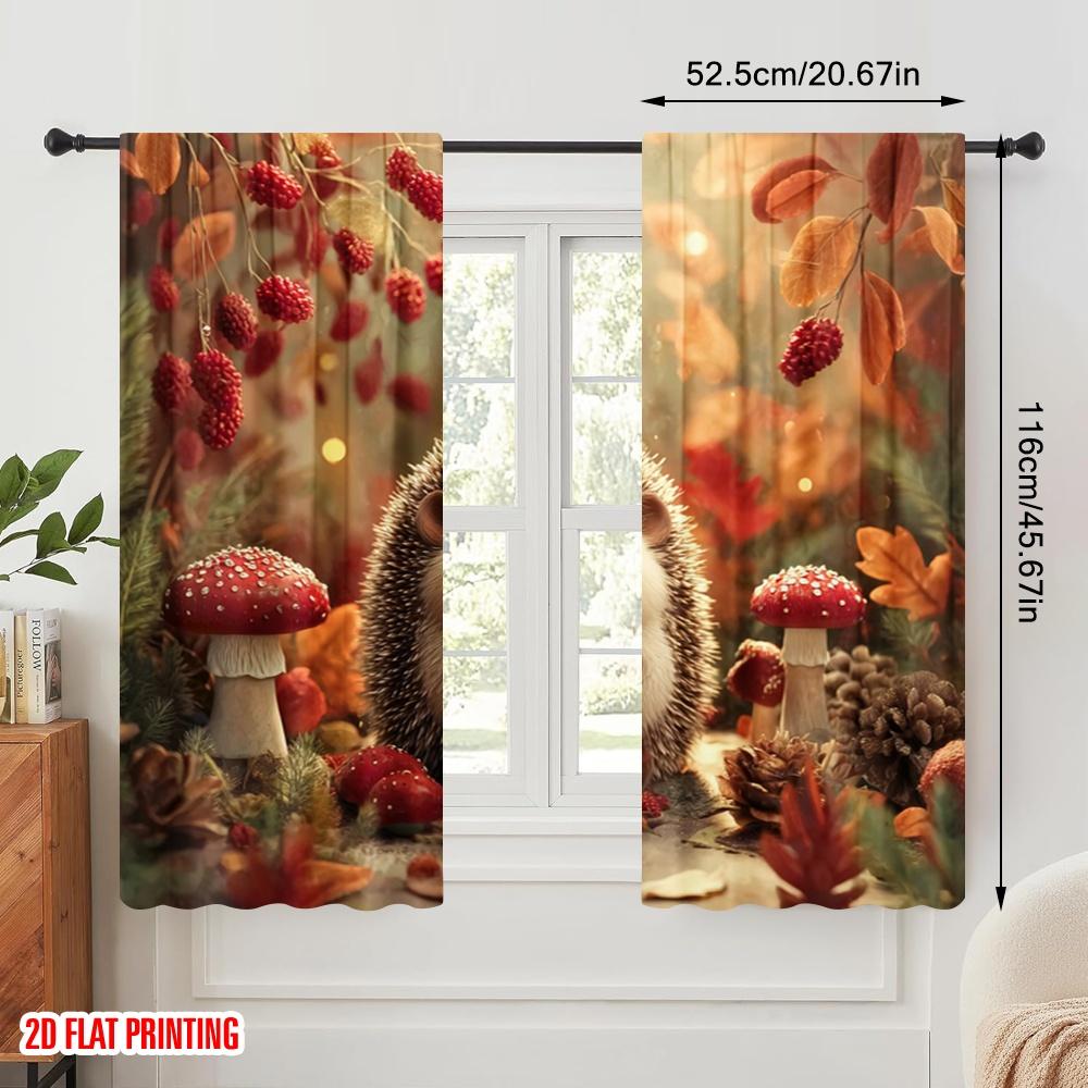 2pcs,2D Plane Printing Contemporary Curtains Happy Hedgehog Versatile Durable Polyester (without Rod) Holiday Perfect for Season