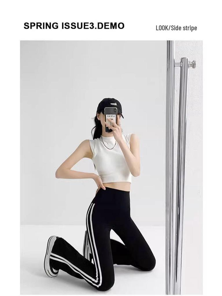 Black Striped Micro-Flare Sports Pants for Women - 2026 Spring Collection, High Waist Slimming Bell Bottoms, Plus Size, Extra Long.