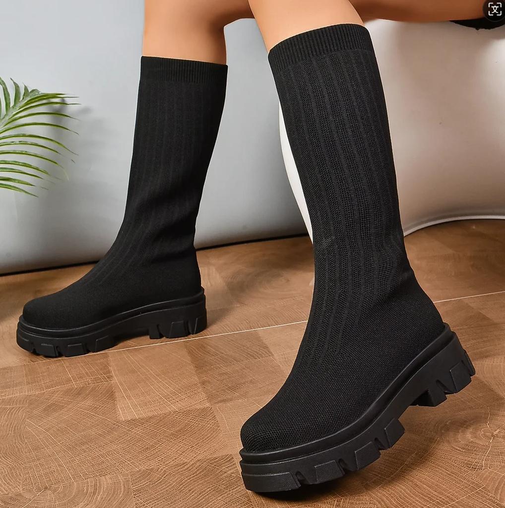 Mode Neue Frühling/Herbst Damenstiefel Mittelhoch Absatz Slipper für Damen Outdoor Kleid Rund Zehenbereich Sockenstiefel Blockabsatz Plateauschuhe
