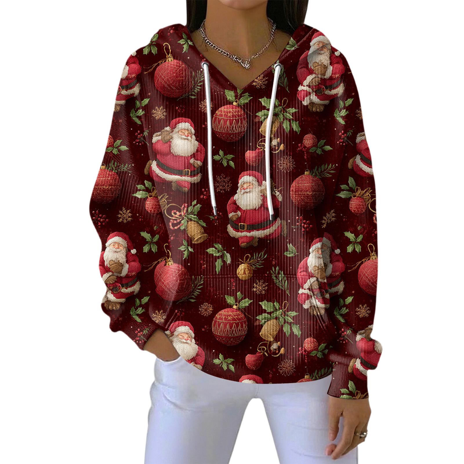 

Женская свободная удобная повседневная модная толстовка с V-образным вырезом и рождественским принтом с длинным рукавом XL винный