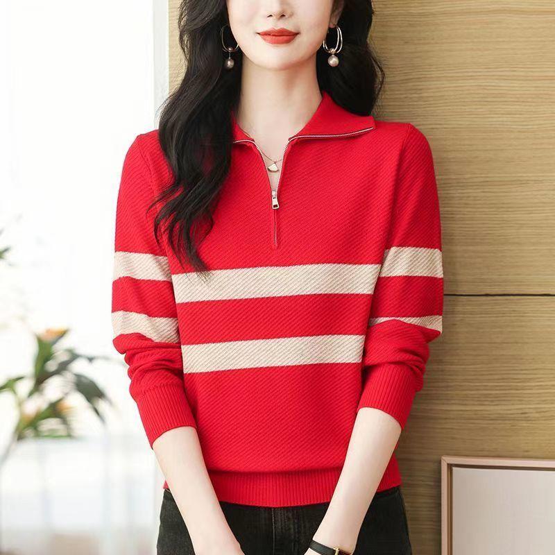 Women's Lapel Knitted Sweater Loose Sweater Polo Collar Knitted Sweater Long Sleeved Top
