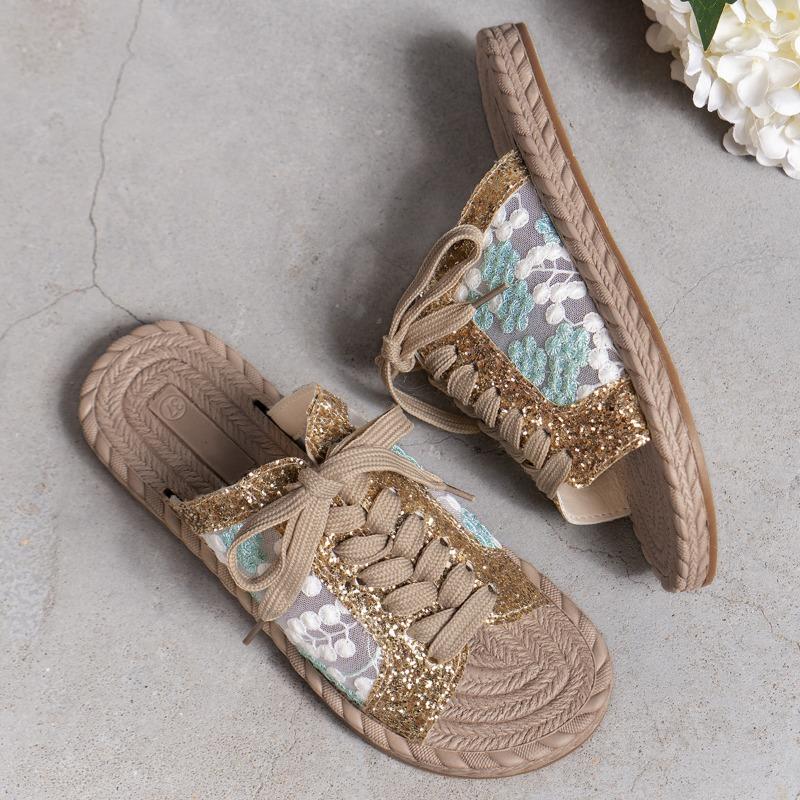 Women's Sequin Mesh Embroidered Lace-Up Open Toe Flat Sandals, Fashion Plus Size