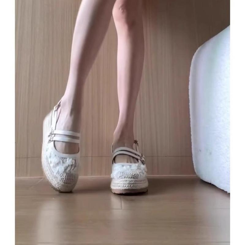 Niche ballet single shoes hollow bag head sandals lace flower half slippers summer wear heightening platform sandals