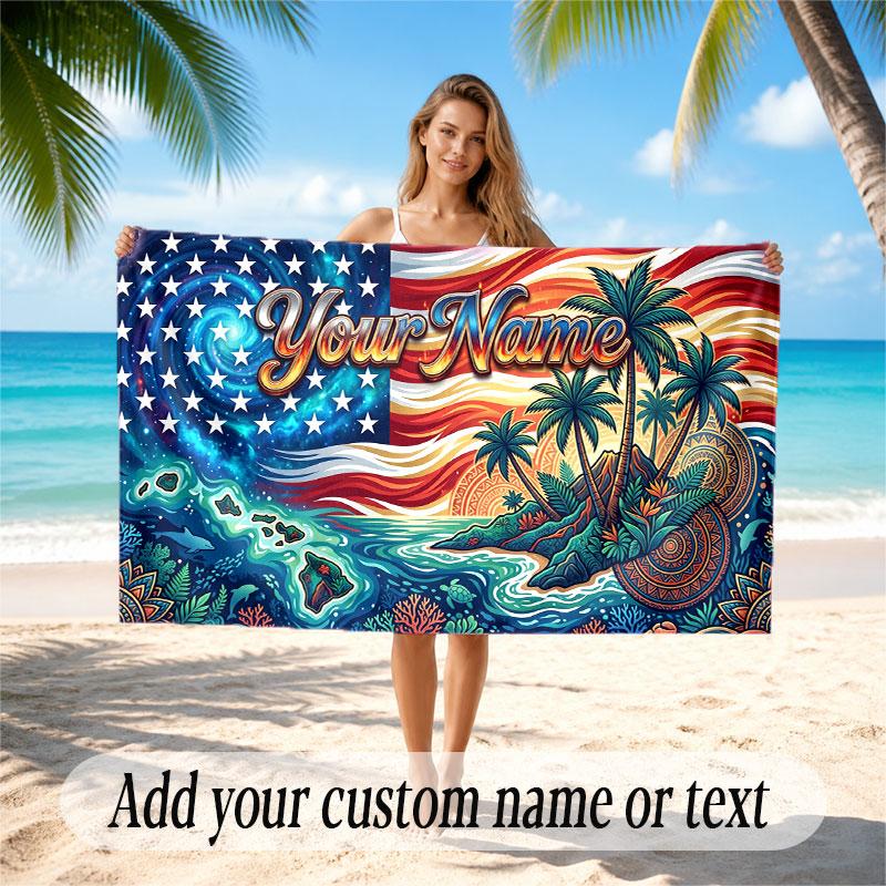 American Patriotic Theme Soft Beach Towel Personalized Custom Name Text Towel Portable for Beach Pool Travel