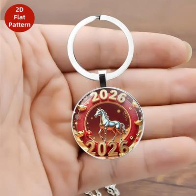 Fashionable 2026 Year Of The Horse Design Dome Glass Alloy Keychain Zodiac Pony Pattern Car Keyring  Year Gift
