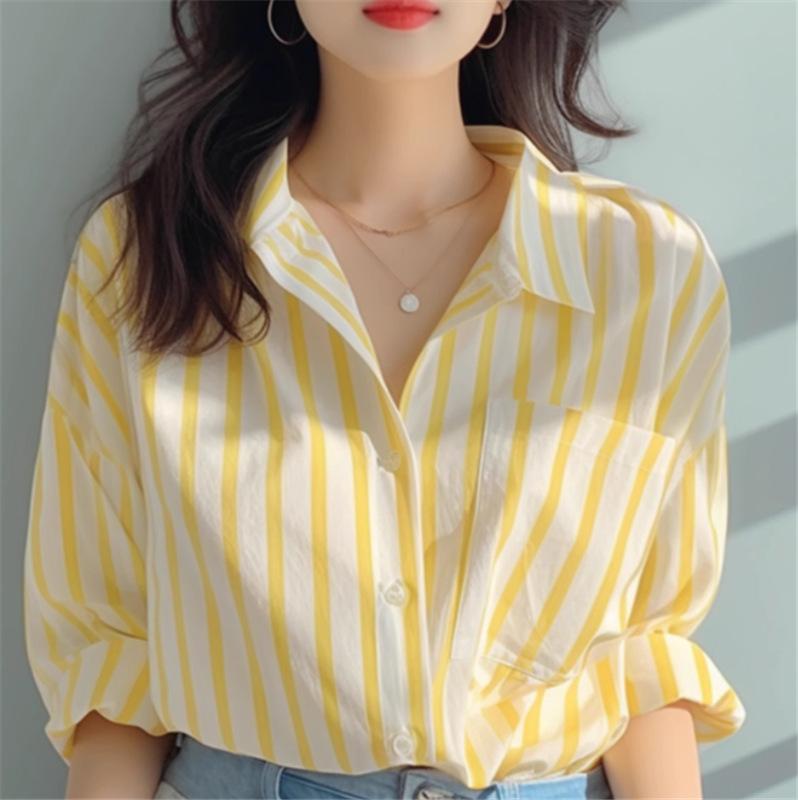 Yellow and white vertical striped shirt women's 1116 early spring new shirt European foreign style shirt popular seaside sunscreen shirt