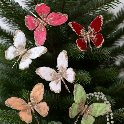 Gold Powder Butterfly Christmas Flower DIY Flocking Artificial Butterfly Clip Glitter Christmas Tree Decoration Home Party
