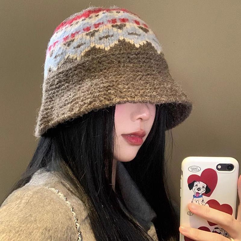 Retro Jacquard Knitted Bucket Hat Autumn Winter Korean Warm Casual Basin Hat For Women