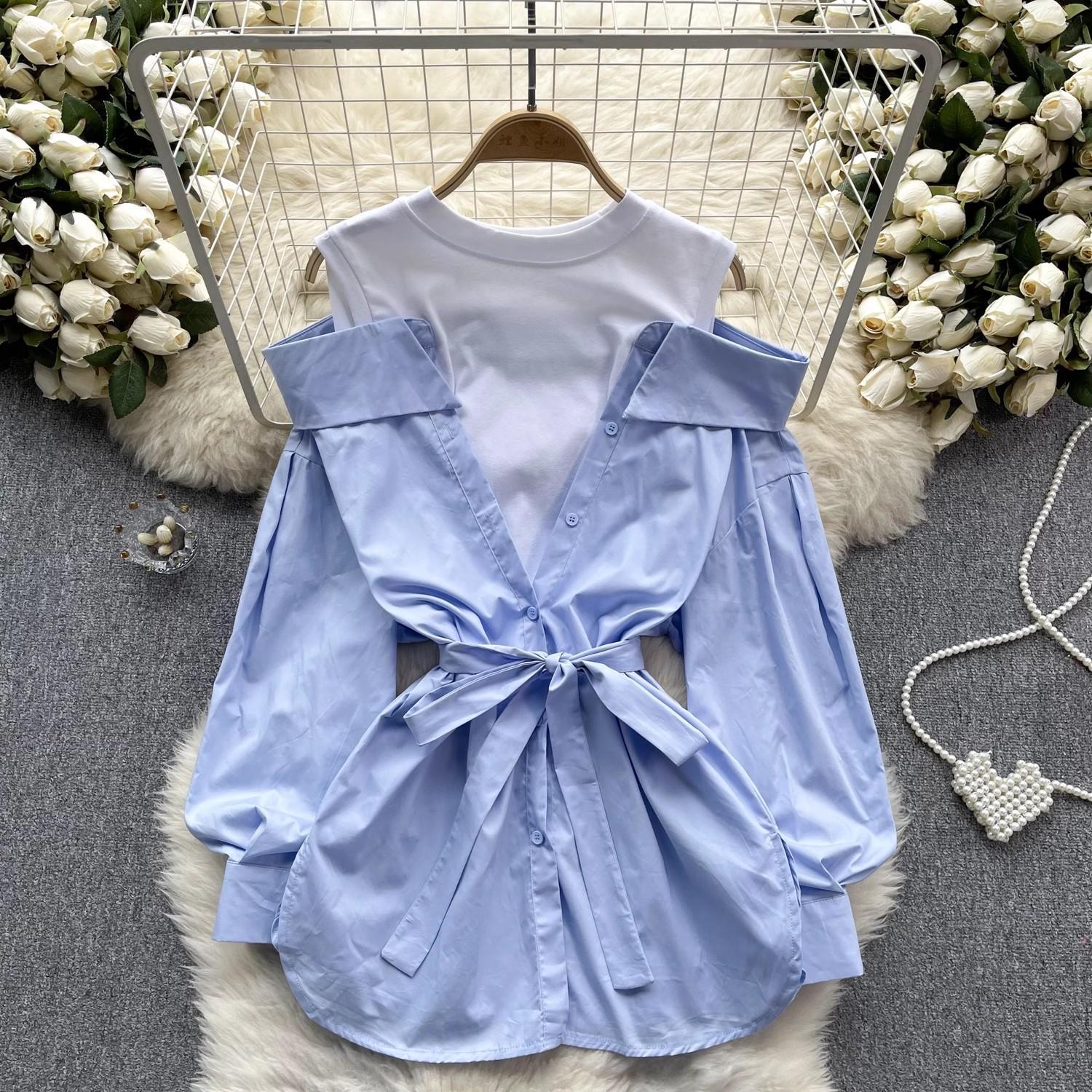 

Рубашка в ретро-стиле в гонконгском стиле, женская, с круглым вырезом, контрастной цветной вставкой, с открытыми плечами, с длинными рукавами, юбка One size розовый