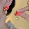 Korean Blue Drip Oil Flower Pendant Earrings for Women Retro Elegant Imitation Pearl Petal Earrings Temperament Jewelry Gifts