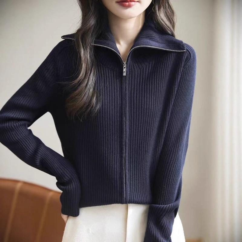Double zipper lapel knitted cardigan women's spring and autumn new loose versatile thin sweater jacket casual outside