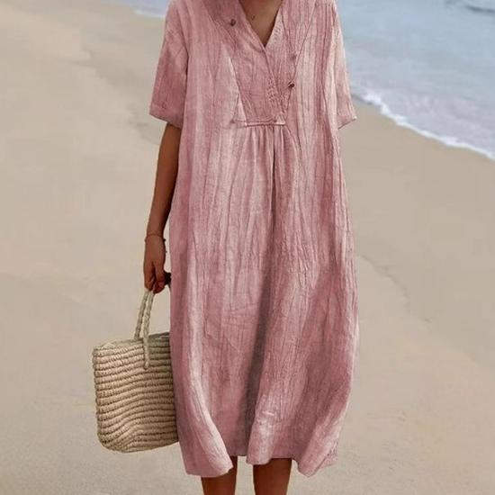 Women's 2025 Spring/Summer Casual Slimming Cotton Linen Dress - Versatile Solid Color, Hot Selling Style