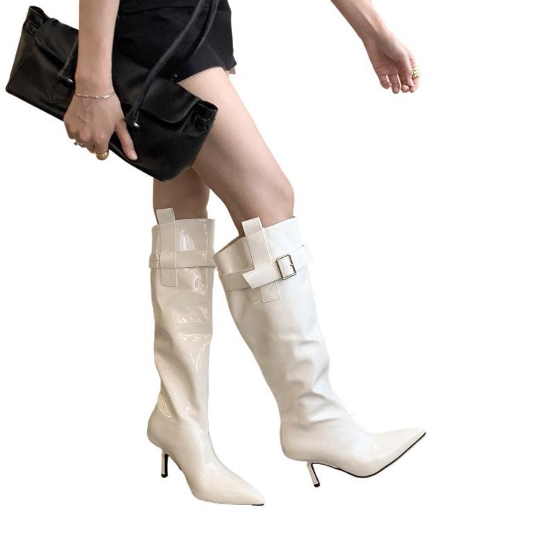2025 Patent Leather Pointed High-heeled Boots Women's 2025 Winter Belt Buckle Slim-heeled Knight Boots