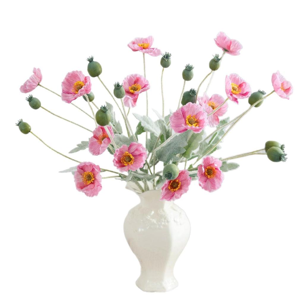 Flocked Poppy Silk Flower - 4-Head Single Stem for Wedding & Home Décor Vase