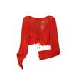 Fresh and Thin Lace-up Short Blouse Top Women's French Design Hollow Crochet Knitted Sweater