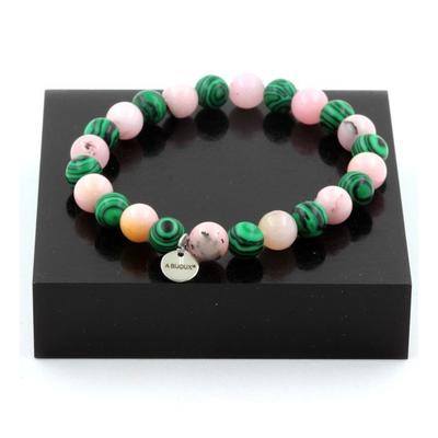 Stones and Minerals. Pink Opal + Malachite Beaded Bracelet 8 Mm. Made In France.