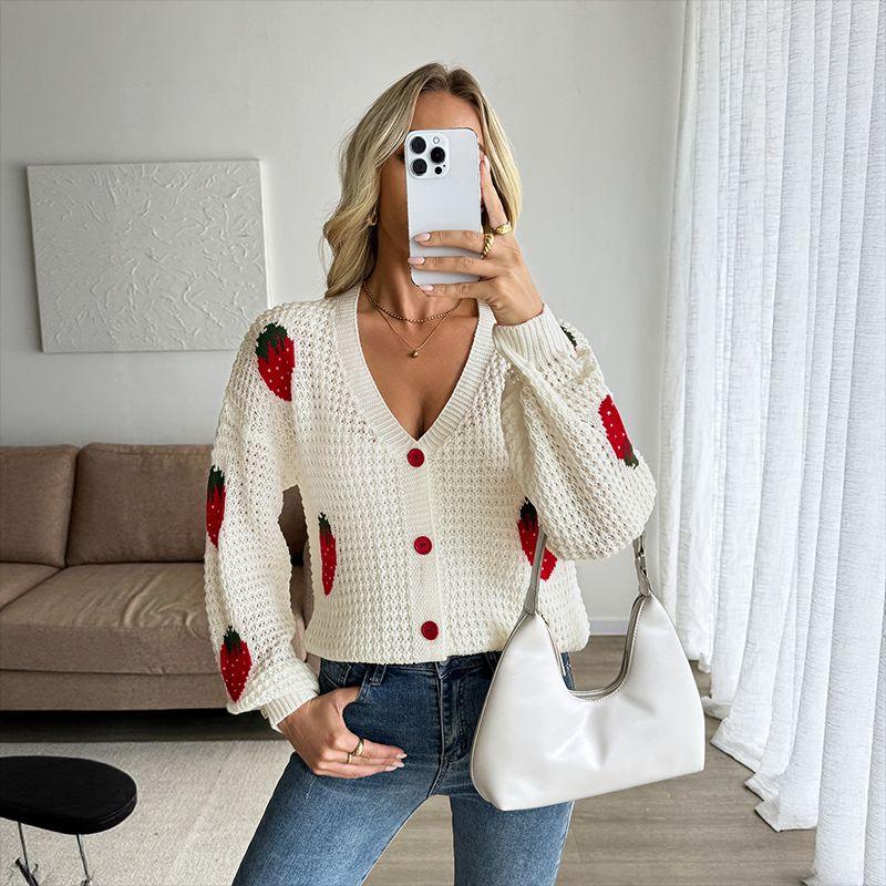 Fashion Women Sweater Ladies Tops Autumn European and American Strawberry Jacquard Knit Cardigan Sweater
