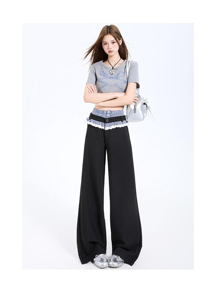 Plaid Patchwork Lace Double Waistband Wide-Leg Pants for Women - New 2025 Spring/Autumn Casual Long Pants