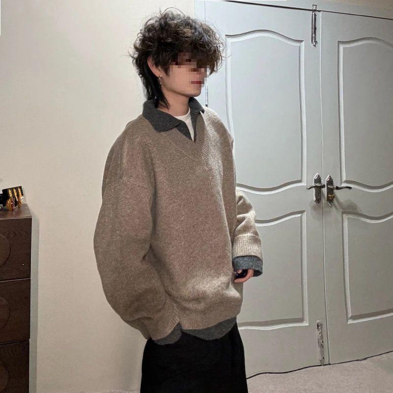 Unisex Retro Lapel Knit Sweater: Old Money Style Two-Piece Winter Outerwear M