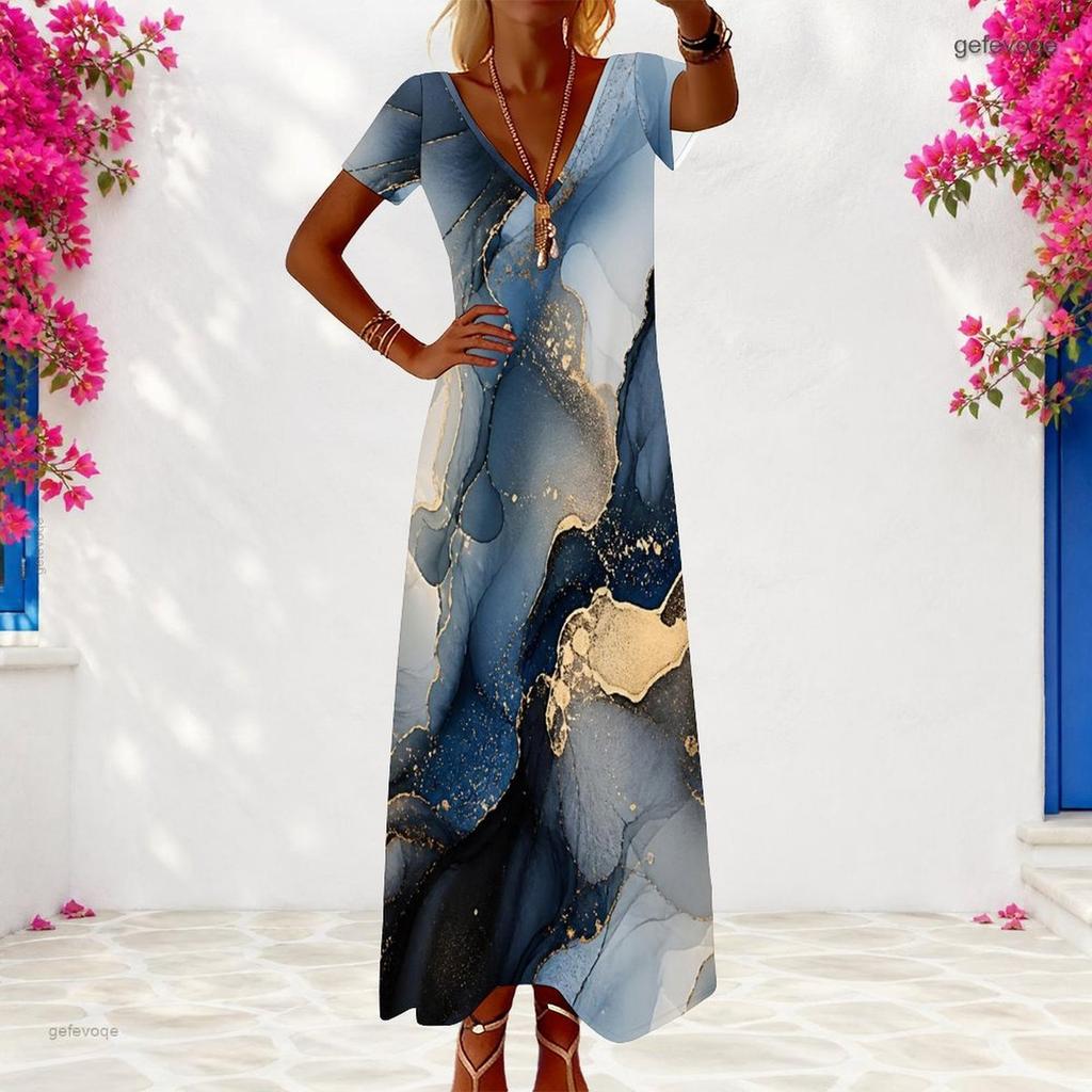 Women Plus Size V Neck Short Sleeve Blue Gold Printed Long Maxi Dress