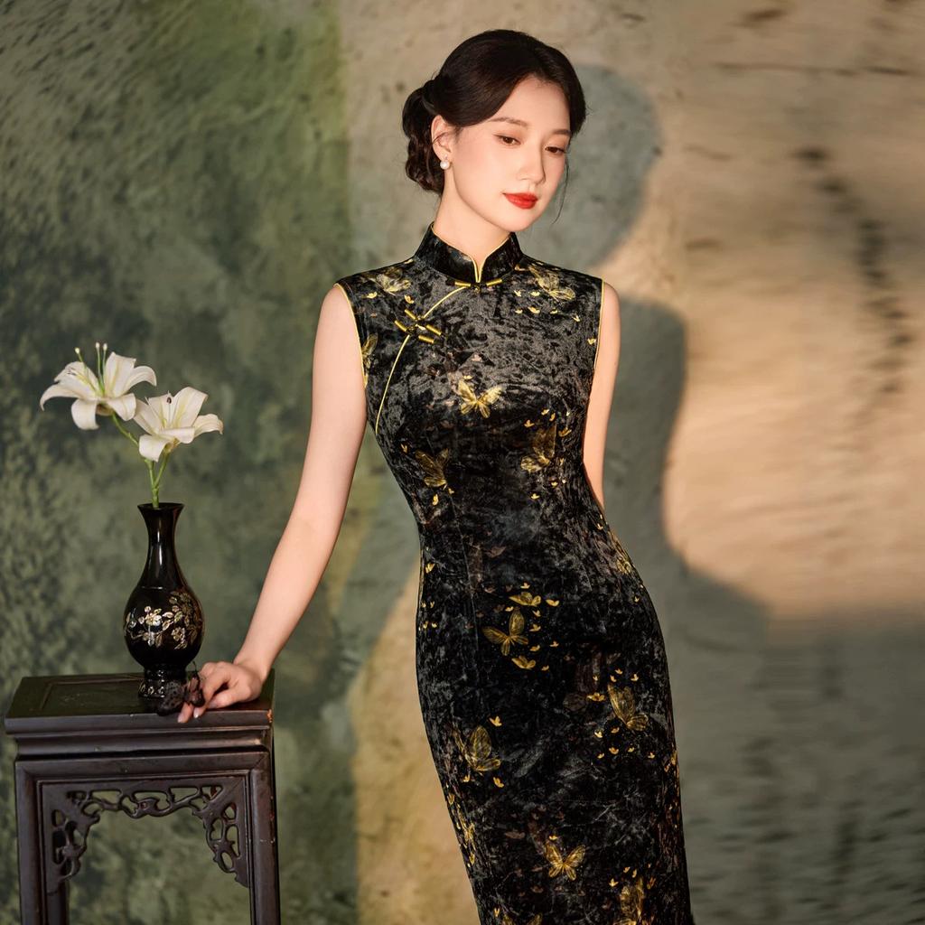 1011 autumn new black printed sleeveless retro cheongsam improved new Chinese style daily wear butterfly slim fit