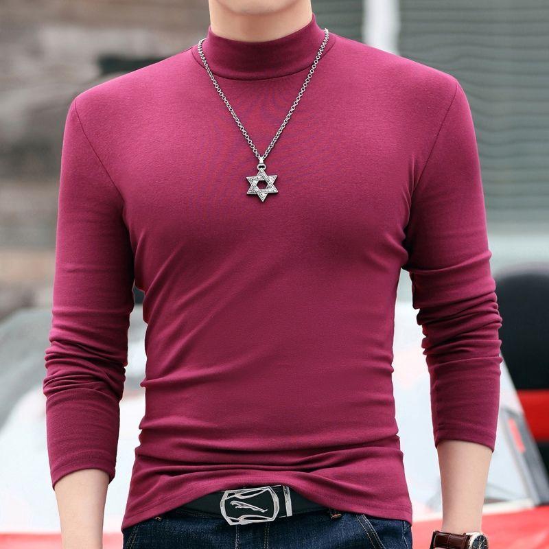 2023 Ny Vår- og Høstmote Trend Høy Hals Slim Fit Langermet Underlag Enkel Ensfarget Allsidig Herre T-skjorte