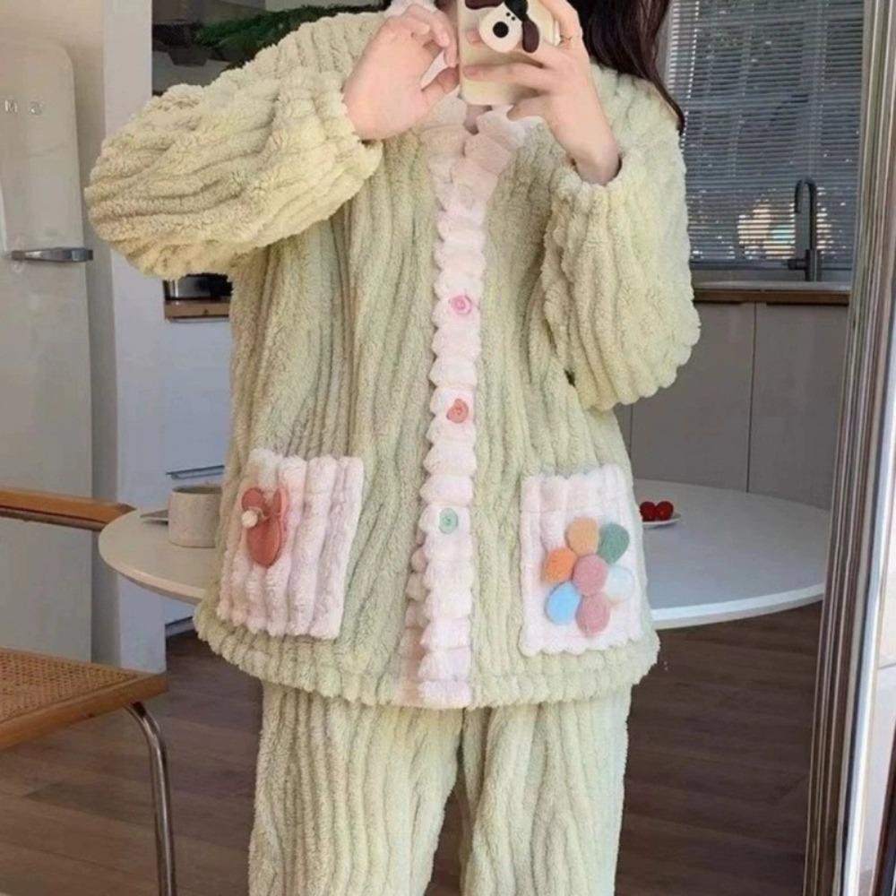 **Kadın Flanel Pijama Takımı Yuvarlak Yaka Jakarlı Uzun Peluş Kalın Sıcak Ev Giyimi**