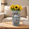 Rose Display Bucket Vintage Iron Flower Bucket, Rustic White Double-Handle Metal Vase with Floral Print & Jute Artificial Bow, Farmhouse