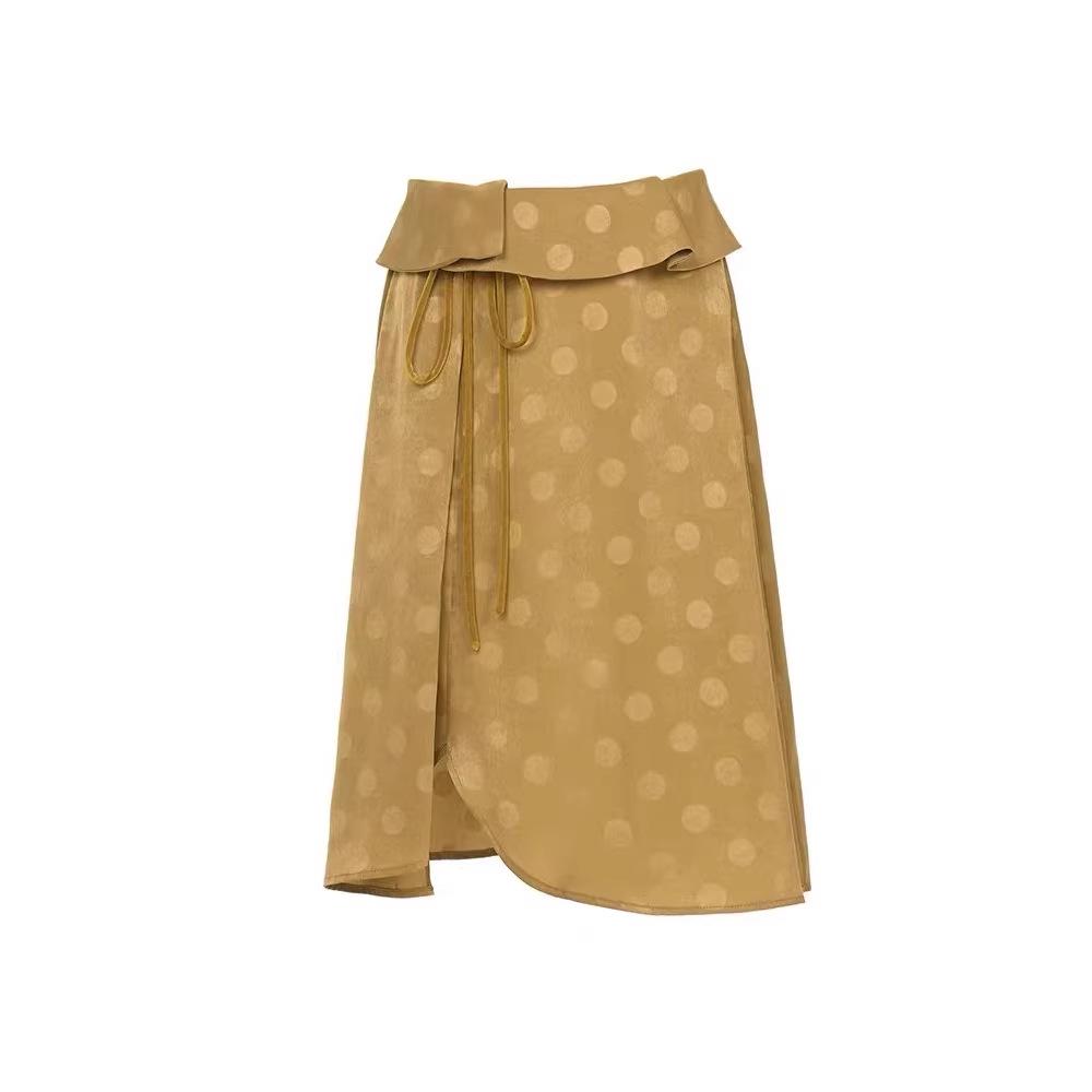 Elegant Polka Dot Midi Skirt with Irregular Hem and Waist Tie S жёлтый