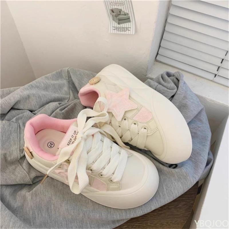 Round toe thick soled white shoes for women versatile in spring summer simple comfortable casual non slip shoes for daily wear