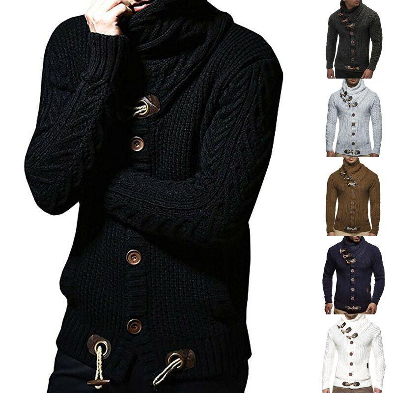 Elegant Men Long Sleeve Knitted Sweater With Horn Buttons And Turtleneck Coat Cardigan