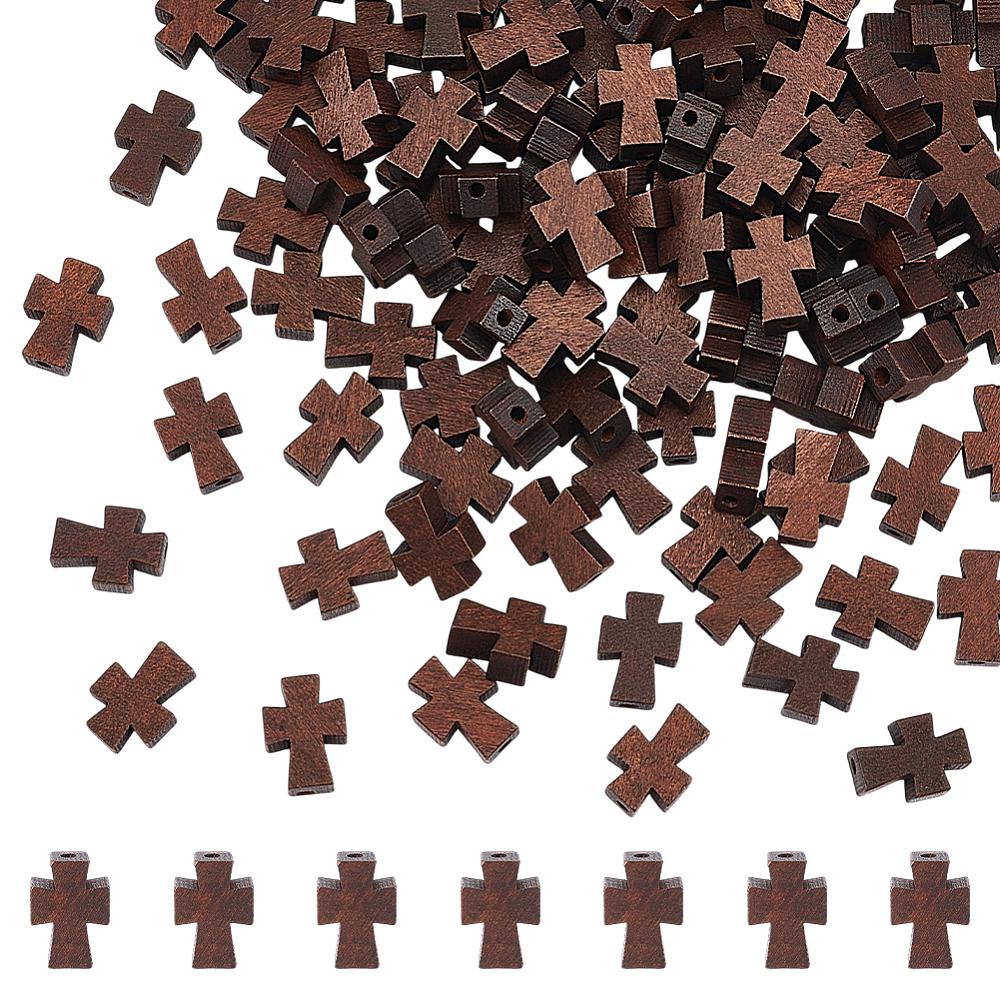 120Pcs Natural Wooden Beads, Dyed, Cross, Coconut Brown, 13.5x10x4.5mm, Hole: 1.5mm