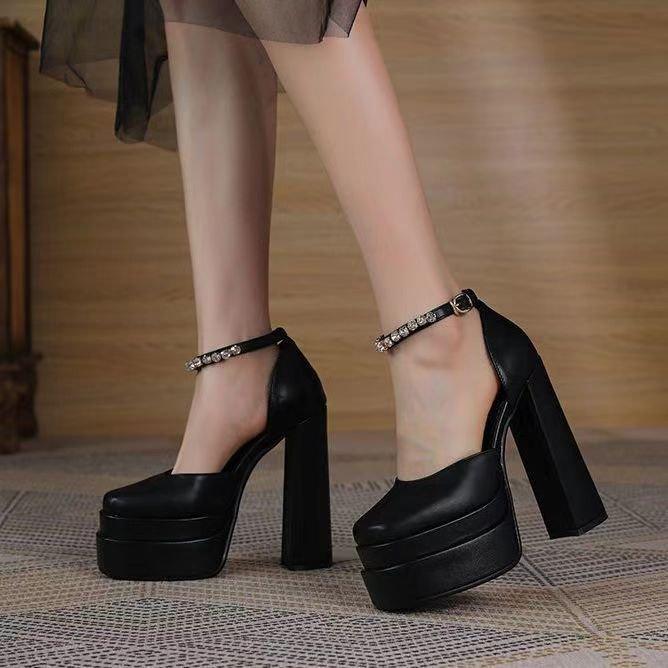 High heels 2025 one-word large size satin summer thick heel bag head hollow sandals women's large quantity from excellent standard size