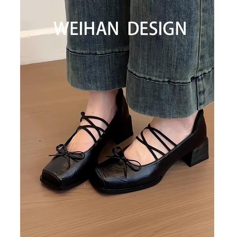 Fashion 2025 Beautiful Bow Slender Strap Mary Jane Shoes Women's Square Toe Square Heel Shoes