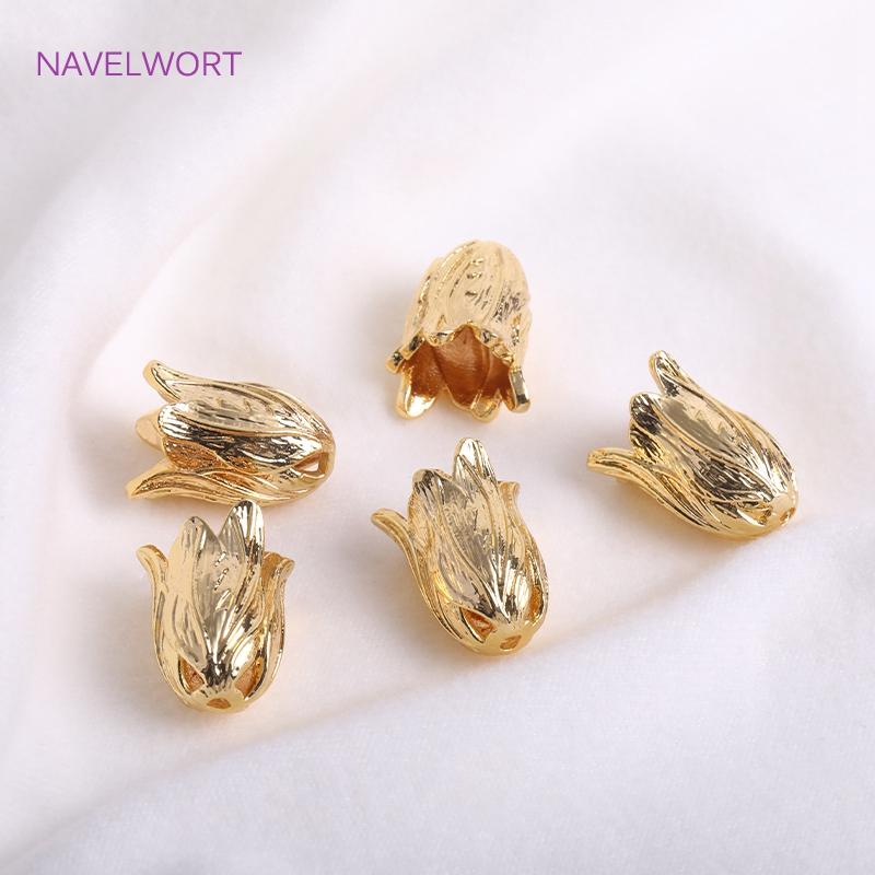 High Quality Brass Metal Tulip Floral Tassel Caps 14K Gold Plated Large Flower Bead Caps DIY Jewelry Making Accessories