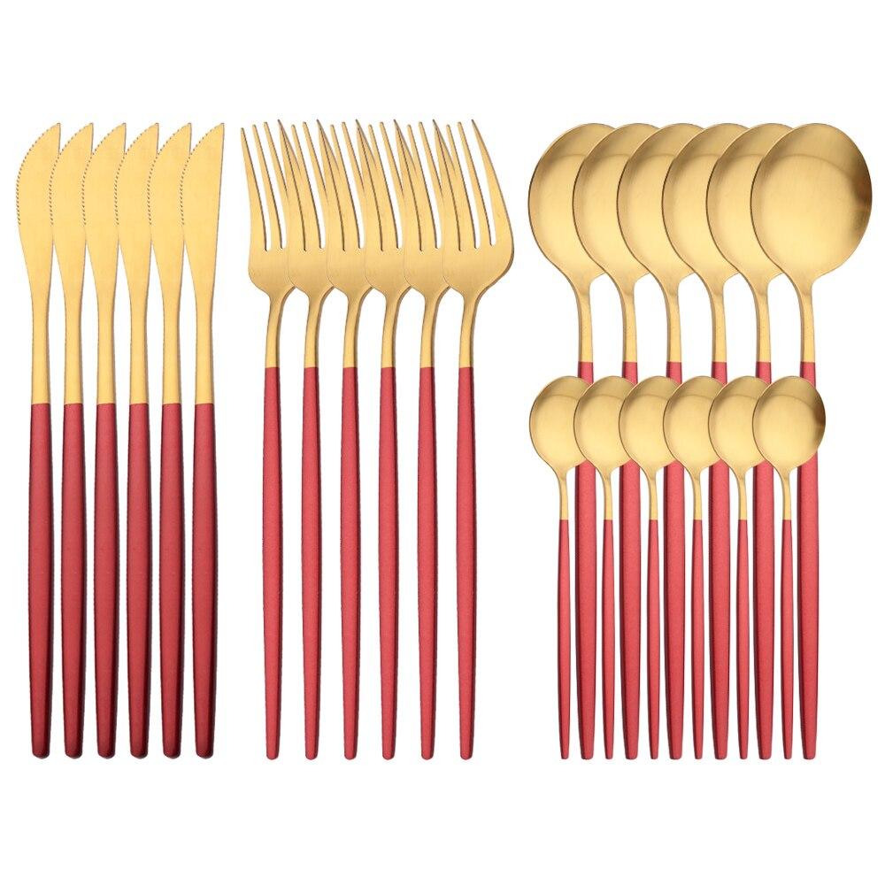 24 deler Matt Svart Gull Bestikksett Gaffel Skje Kniv Bestikksett Rustfritt stål Bestikk Komplett servisesett Kjøkken