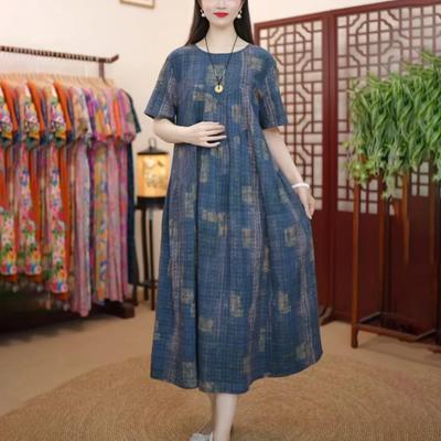 Literary Retro Floral Cotton Linen Short-sleeved Round Neck Loose Slimming Long Dress