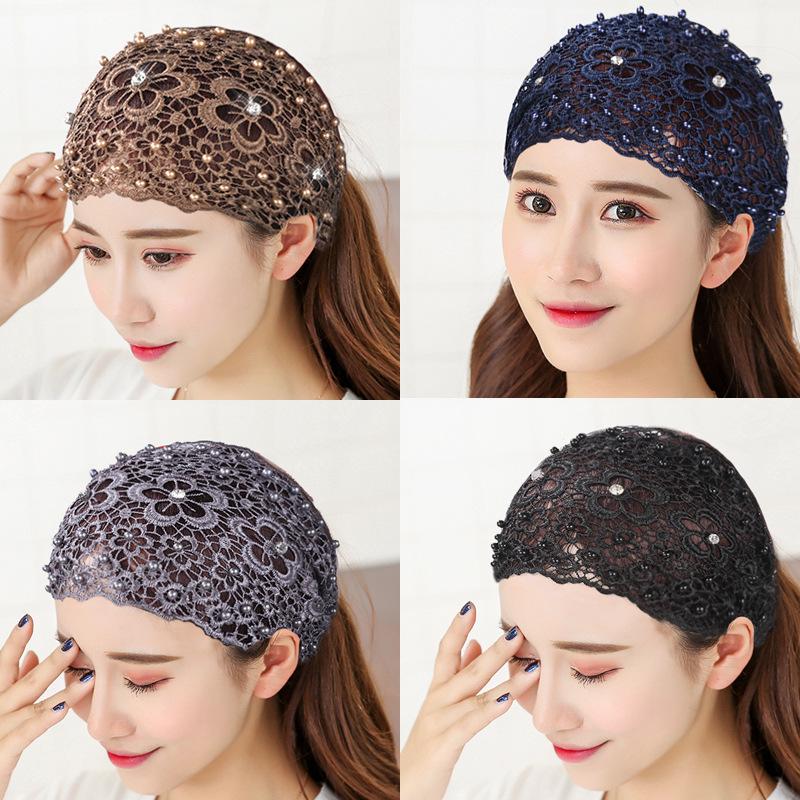 Beaded Headband: Women's Hollow Breathable Lace Wide-Brim Headscarf & Forehead Protector Hair Tie.