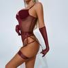European and American Women’s Sexy Spaghetti Strap Lingerie Set, Erotic Sheer Mesh Underwire Push-Up Bodysuit with Leg Straps and Gloves