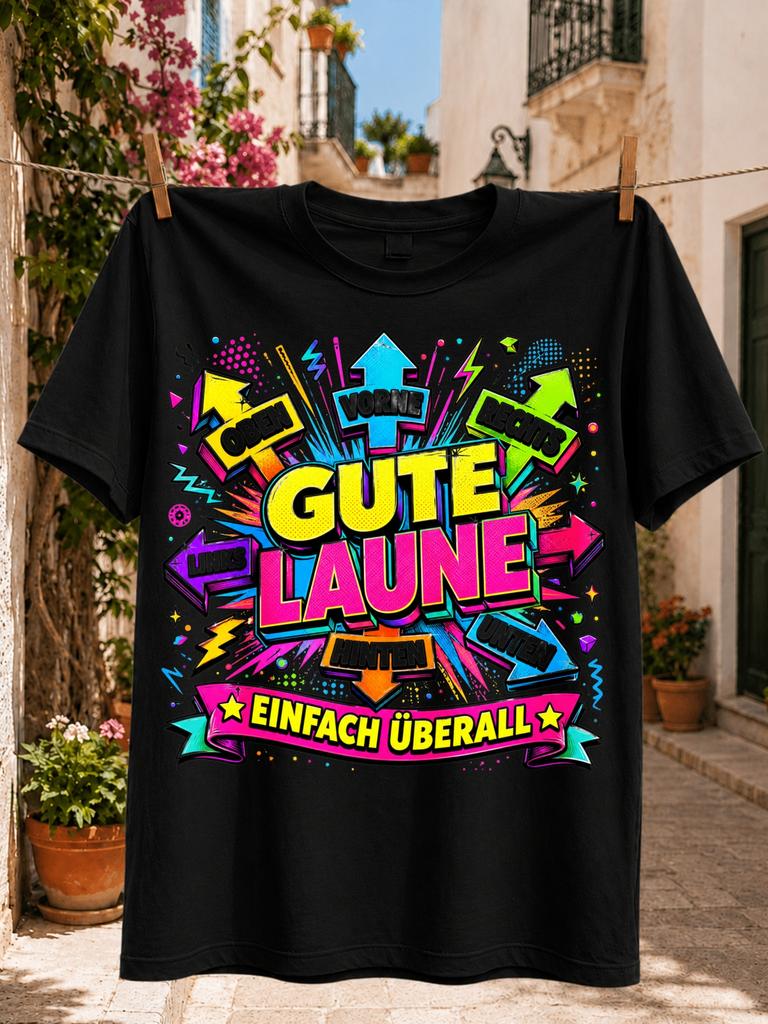 Gute Laune Einfach uberall GerUnisex Good Mood Quote with Neon Comic Arrows Lightning Dots and Pink Unisex All TShirt