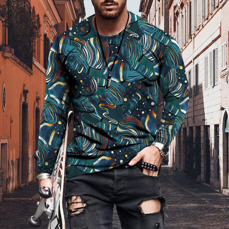 

Летняя модная мужская футболка с круглым вырезом и длинными рукавами, забавная красочная мужская повседневная футболка с геометрическим рисунком 6XL синий/зелёный