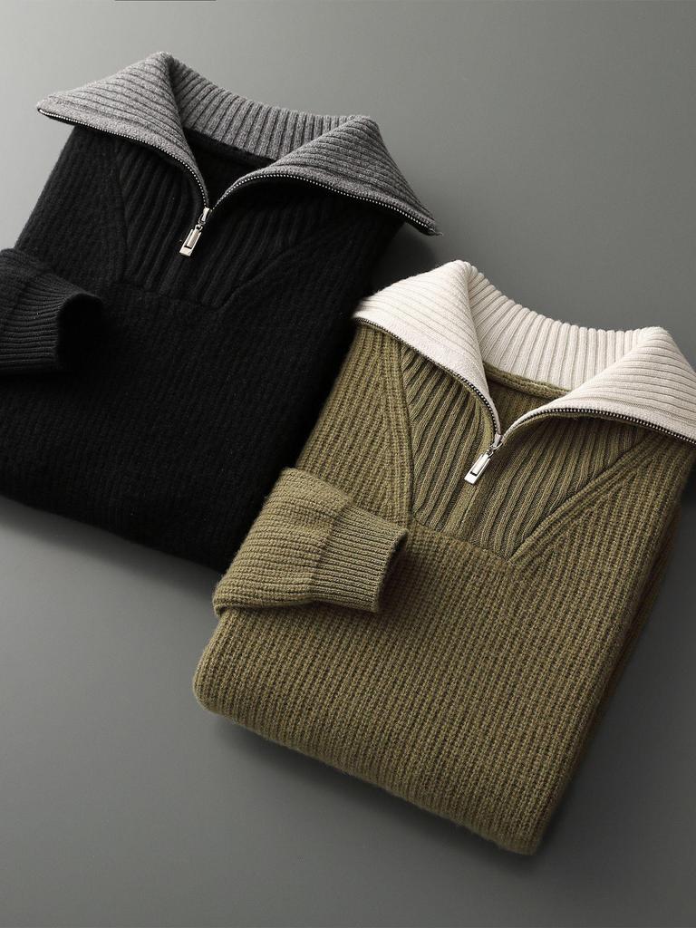 Men's Fashion Versatile Half-Zip 100% Wool Color Block Sweater
