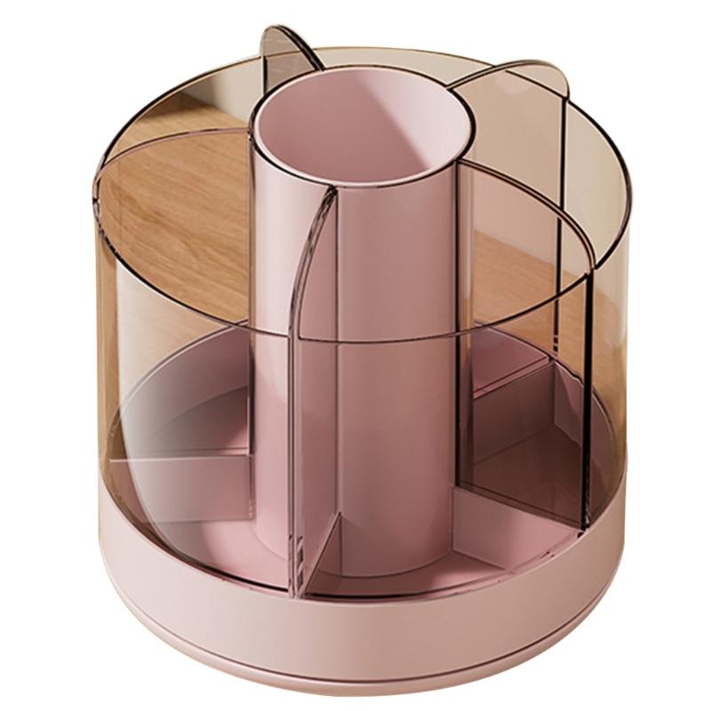 Spinning Makeup Brush Holder Organizer Rotating Container with 6 Removable Compartments Storage Rack for Bathroom розовый