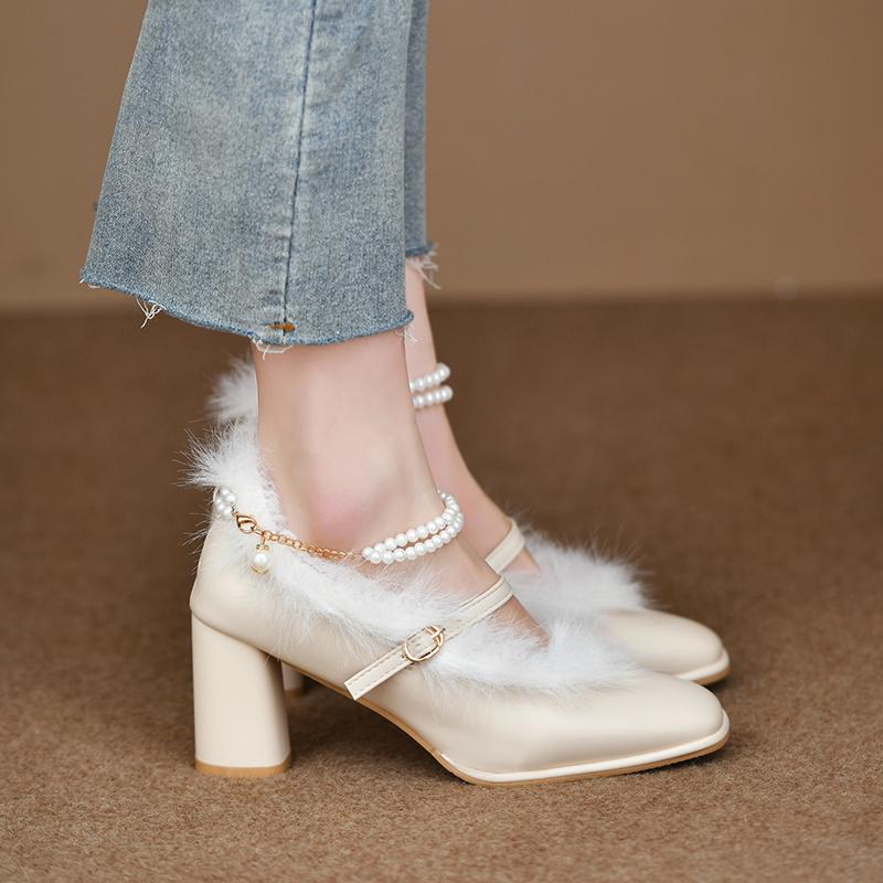 Fashion Women's Thick Heel Cotton Shoes Winter New Square Head Shallow Mouth Word with Anti-slip Wear-resistant High Heels